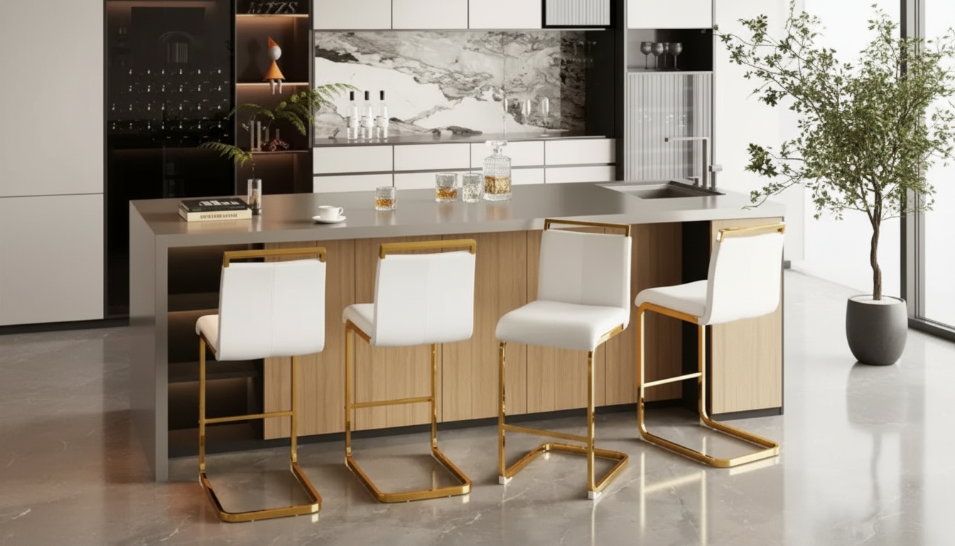 24-Inch White & Gold Island Stools (Set of 4, Back)